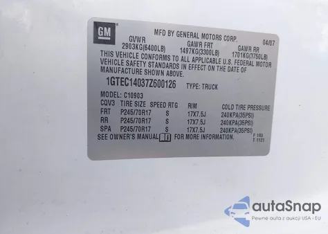 2007 GMC Sierra 1500 Work Truck из США, поврежденный, VIN 1GTEC14037Z600126